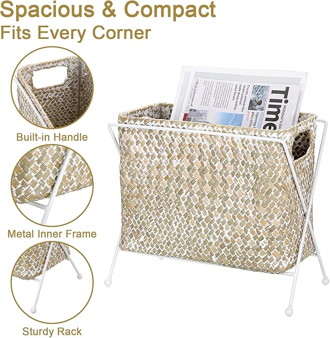 BTSKY Handwoven Magazine Holder, Natural Seagrass Magazine Basket with Metal Rack, Mail Holder Floor Organizer for Office, Living Room, Dorm, Bathroom, Woven Rattan File Basket with Handle (White)