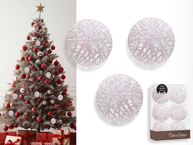 Christmas Traditions 4 inch Glittered Iridescnet White Rattan Ball Ornaments Hanging Tree Decorations (Set of 6) (Iridscent White), Large