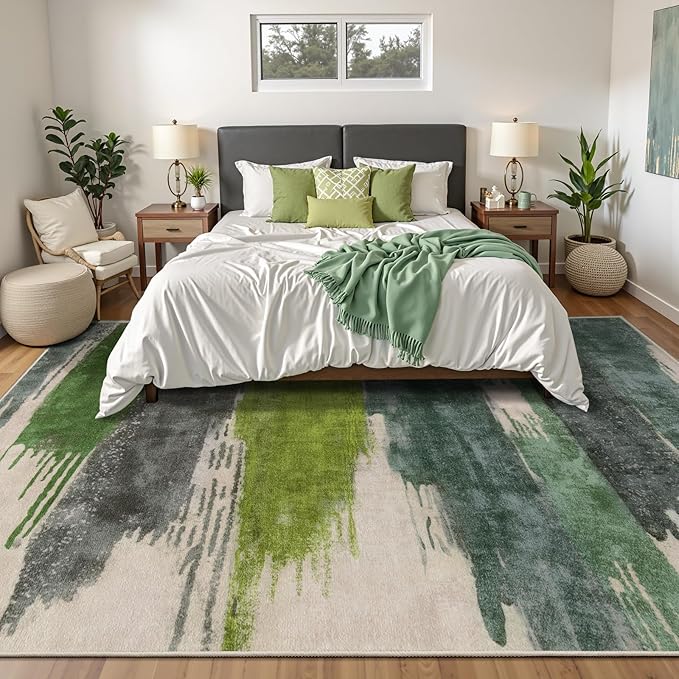 Ciicool Modern Abstract Green Rug for Living Room, 8'x10' Machine Washable Area Rug Non-Slip Rug, Low-Pile Contemporary Indoor Dining Floor Carpet for Bedroom Office Under Table Home Decor