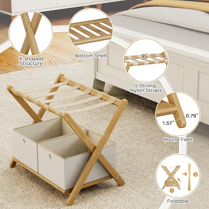 Fully Assembled Luggage Racks Pack of 2, Bamboo 26.77" Folding Luggage Rack Stand for Guest Room, 5 Nylon Straps, Suitcase Stand with Storage Shelf for Bedroom Hotel, Heavy Duty, Natural