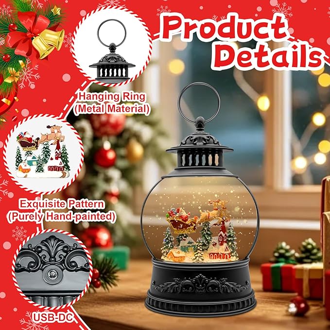 Christmas Snow Globes, Light Up Snow Globe with 6H Music Timer, Auto Snowfall, USB or Battery Powered, Christmas Globe with Santa Snow Globe Scene, Indoor Christmas Decorations for Home, 11.4 Inch