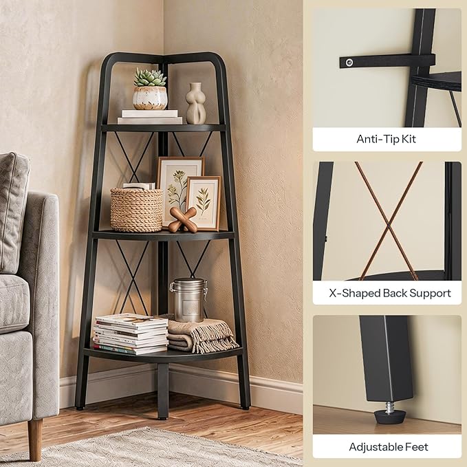 HOOBRO Corner Shelf, 3-Tier Corner Shelf Stand, 40" Tall Ladder Bookshelf, Industrial Corner Display Shelf Plant Stand for Living Room, Kitchen, Home Office, Black BB143CJ01