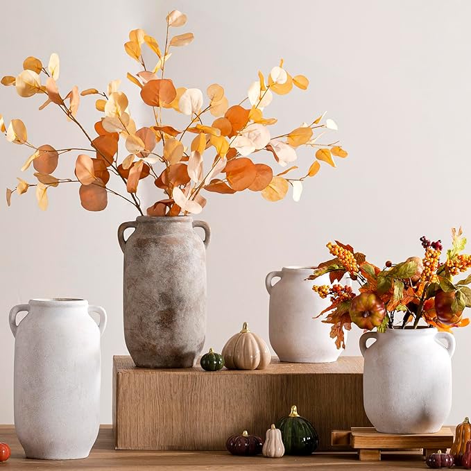 Large Flower Vase Home Decor - 12 inch Tall Ceramic Farmhouse White Rustic Table Vases with Handle Living Room Decoration Decorative Modern for Fireplace Kitchen