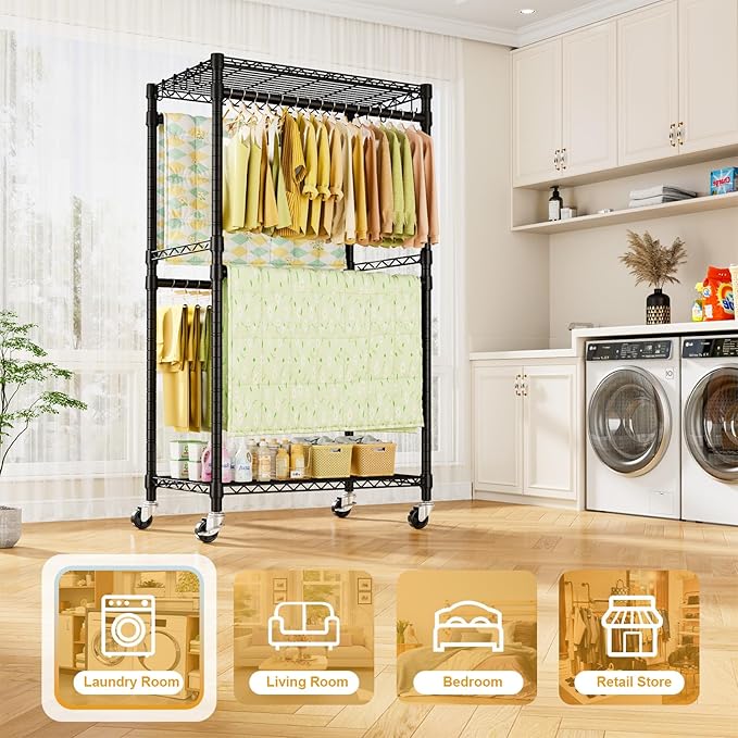 P4 Rolling Clothes Rack Heavy Duty, Clothing Racks for Hanging Clothes, Freestanding Garment Racks with Wheels, Metal Portable Closet Rack 35.5''W × 20.5''D × 80.5''H, Max Load 560Lbs, Black