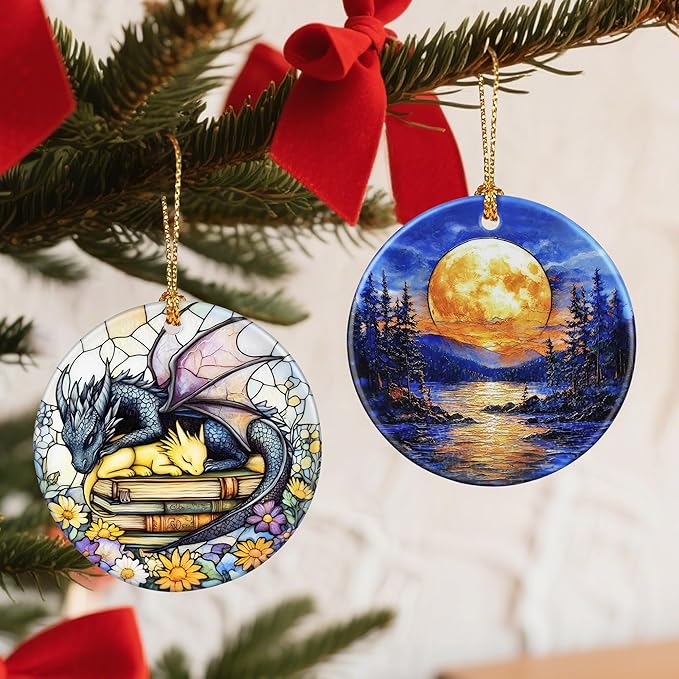 Christmas Ornaments, 2.8 Inch Ceramic Hanging Ornament, Christmas Tree Ornaments, Xmas Decorations, Holiday Decorations, Holiday Party Gifts, and Xmas Gift Ideas - Full Moon Over Forest Lake