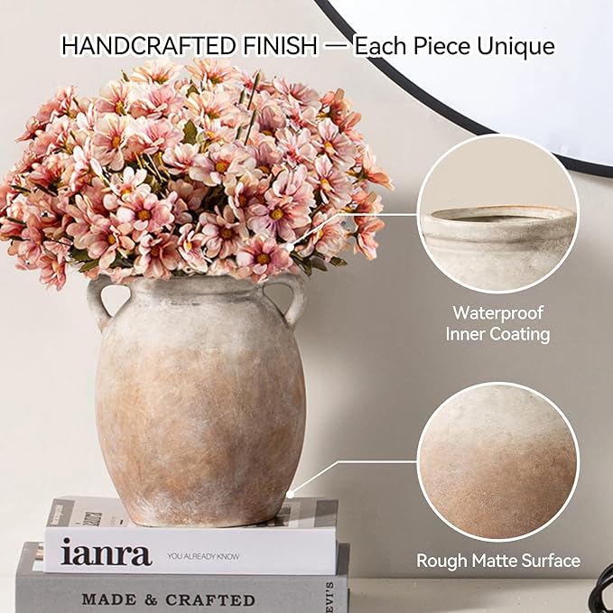 Ceramic Flower Vase 7.6 inch Farmhouse Rustic Vase Decorative Pottery Terracotta Vases for Home Decor Table Mantle Fireplace Living Room Bathroom Wedding Centerpiece (Aged Terra)