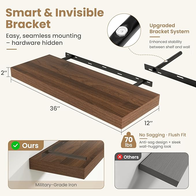 FLYJOE 36 Inch Long Floating Shelves for Wall Set of 1, 12" D Wood Grain Bathroom Shelves with Invisible Brackets, Easy Install Engineered Wood Storage Shelves for Kitchen, Living Room, Bedroom