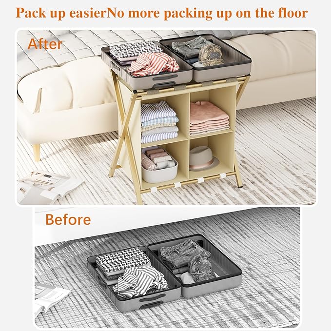 aboxoo 2 Pack Luggage Rack with storage, Guest Room Folding Suitcase Stands, Holds up to 120 lb, Space Saving Suitcase Holders for guest room, Bedroom Hotel, Gold