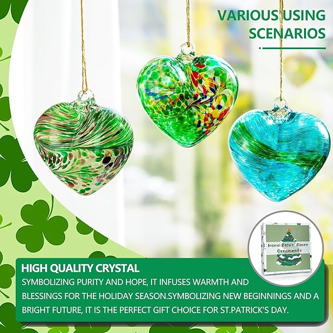 Set of 3 Green Blown Glass Heart Ornaments 4 Inch Hanging Decor for Outdoor Unique Home Garden Patio Decoration for Mom Wife