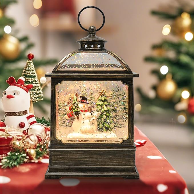 Christmas Snow Globe Lantern with Snowman 8 Music Songs & 6H Timer Water Snow Globe Lantern USB & Battery Operated for Christmas Festival Decorations Gifts (Snowman)