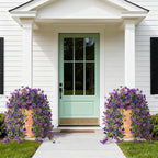 Homsunny Artificial Hanging Flowers for Outdoor, 2PCS Fake Flowers Faux Silk Daisy with Eucalyptus Leaves, UV Resistant Aritificial Flowers for Spring Home Patio Yard Porch Decor (Double Purple)