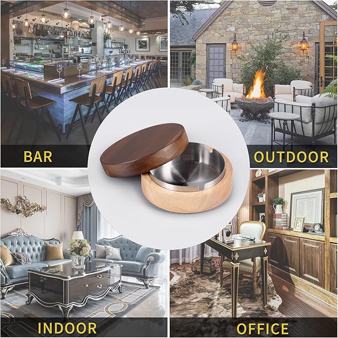 Wooden Ashtray with Lid for Smokers Stainless Steel Liner Ash Tray Windproof Durable Easy to Clean Cool Ashtrays for Indoor or Outdoor Use, Patio, Office & Home