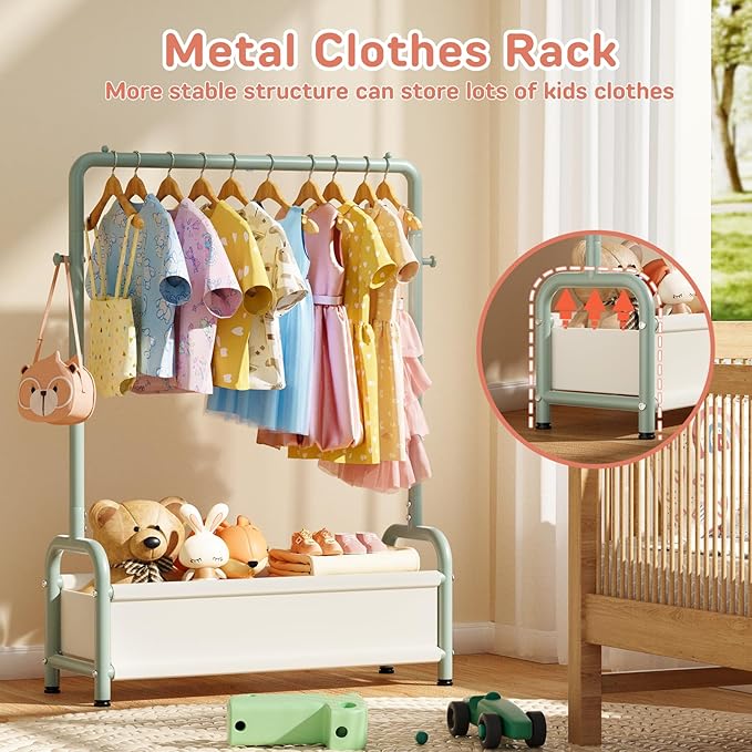 Kids Clothing Rack with Storage Shelf, Kids Dress Up Storage for Coats, Small Baby Garment Rack for Hanging Clothes, Toddler Wardrobe Closet Organizer (Classic, Green)