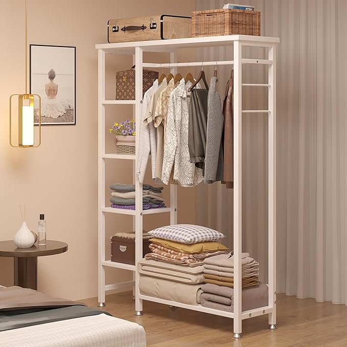 VECELO Open Garment Clothing Rack, Free-Standing Heavy Duty Storage Closet with 5 Shelves and Hanging Rod for Small Spaces, Max Load 350LBS, White