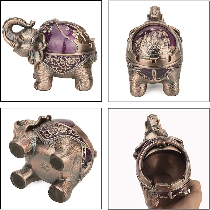 LAUYOO Elephant Decorative Ashtray with Lid for Cigarettes Metal Smoking Ash tray Holder for Smoker Windproof Cigarette ashtrays for Indoors Outdoors Fancy Gift for Men Women (Dark Purple)
