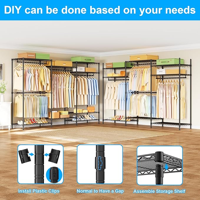 Ulif E13 Pro Heavy Duty Clothes Rack（With 4 Hanger Rods & 8 Shelves） Freestanding Clothing Racks for Hanging Clothes，Adjustable Closet，Metal Garment Rack 75" W x16 D x77 H，Max Load 1000LBS，Black