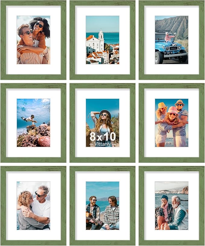 Vittanly 8x10 Picture Frames Set of 9, Shatter Resistant Plexiglass, Display 5x7 Pictures with Mat or 8x10 without Mat, Photo Frames for Wall or Tabletop, Engineered Wood, Rustic Green