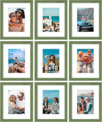 Vittanly 8x10 Picture Frames Set of 9, Shatter Resistant Plexiglass, Display 5x7 Pictures with Mat or 8x10 without Mat, Photo Frames for Wall or Tabletop, Engineered Wood, Rustic Green