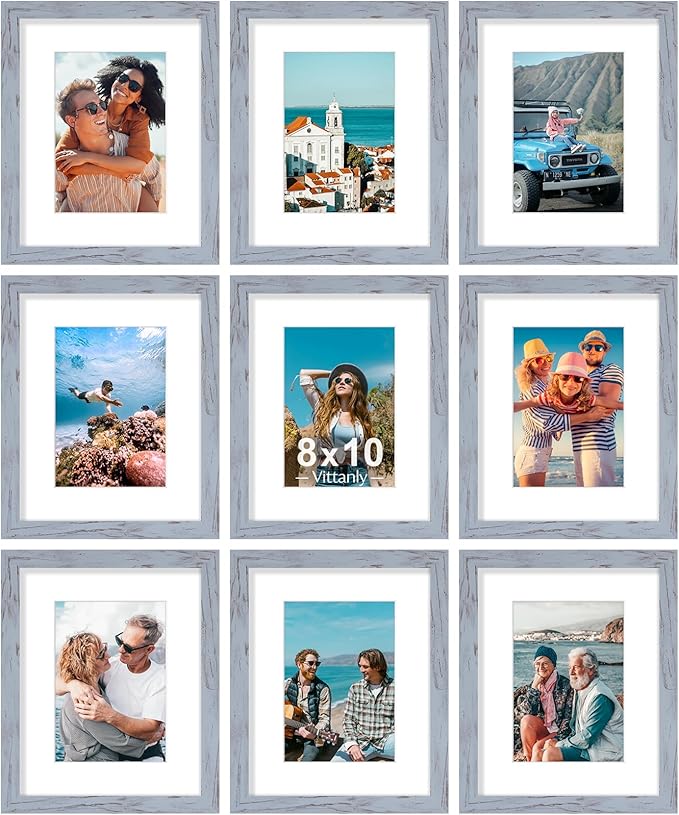 Vittanly 8x10 Picture Frames Set of 9, Shatter Resistant Plexiglass, Display 5x7 Pictures with Mat or 8x10 without Mat, Photo Frames for Wall or Tabletop, Engineered Wood, Vintage Blue-Gray