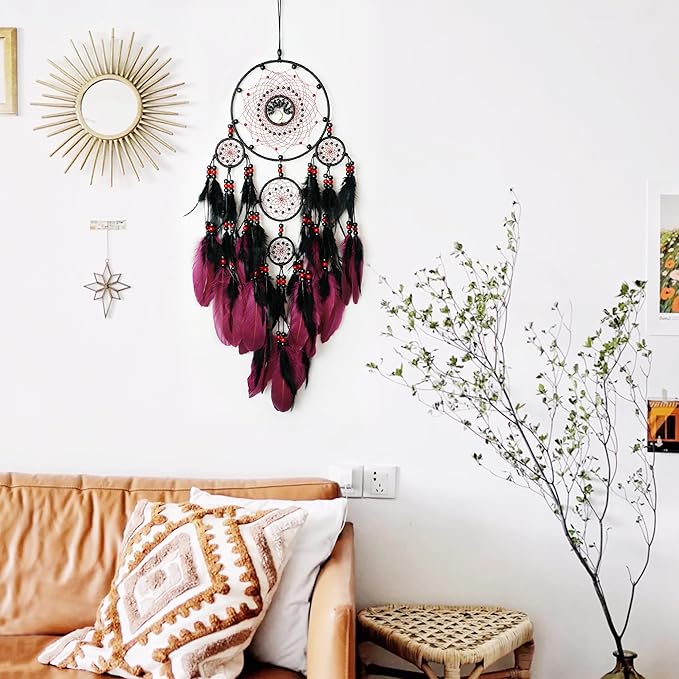 Large Dream Catchers, Boho Handmade Native Macrame Dream Catchers Wall Hanging for Bedroom Living Room Dorm Room Decor, Adults Wedding Party Decor, Festival Blessing Gift (Red & Black)