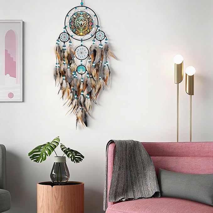 Wolf Dream Catchers,Large Dream Catcher for Bedroom Adult,Dreamcatcher for Wall Hangings,Teen Dorm Room Decor Festival Gift,Decor for Office, Room, Home (Wolf Dream Catchers)