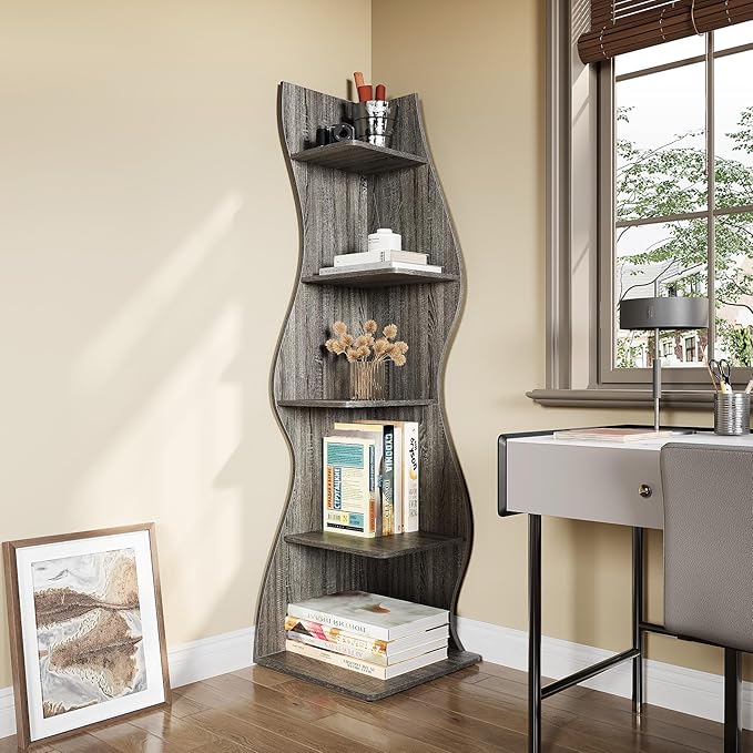 LITTLE TREE Small Corner Shelf, Modern 5-Tier Wall Corner Bookshelf, Stylish Bookcase Storage Rack for Small Space, Living Room, Bedroom