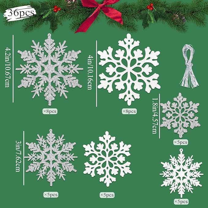 White and Silver Christmas Snowflake Ornaments- 36Pcs Plastic Glitter Hanging Snow Flakes for Christmas Tree Decorations Winter Wonderland Frozen Birthday Party Holiday Home Decor Craft Snowflakes