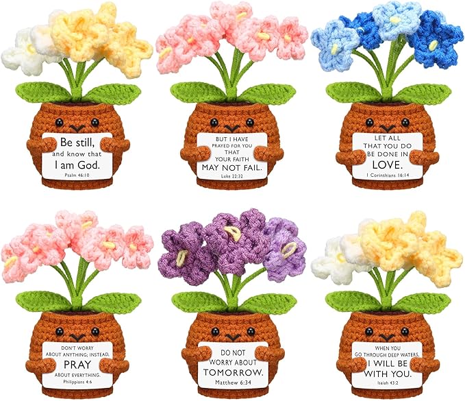 Wavwavw 6 Pcs Christian Gift for Women Inspirational Religious Gifts Positive Faith Scripture Crochet Handmade Bible Verse Crochet Doll with Prayer Card for Vbs Church(Forget Me Not)