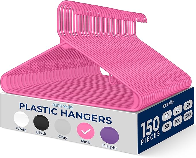 SereneLife 150 Pack Plastic Hangers, Non-Slip, Space-Saving Closet Organizers, Durable and Strong for Shirts, Sweaters, Hoodies, Kids Clothes & Dresses, Ultra-Thin, Lightweight