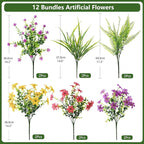 Artificial Flowers with Fake Fern Plants for Outdoors, 12 Bundles Realistic Faux Flower Silk Daisy with Eucalyptus Stem UV Resistant for Outside Patio Planter Porch Yard Window Spring Decoration