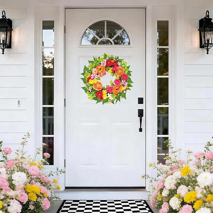 zjlmit 20 Inch Spring Wreath for Front Door, Artificial Silk Flower Wreath on Grapevine Base with Orange Rose-Style Blooms, Multicolor Floral Accents and Greenery, Indoor Wall Entryway Decor