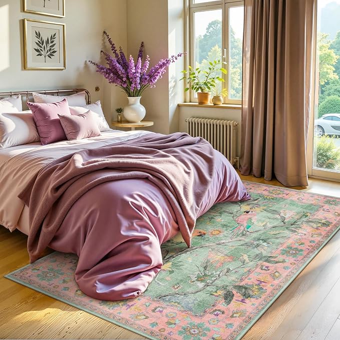 Lahome Botanical Birds Pink Rugs for Bedroom Girls, 5x7 Washable Living Room Dining Room Rugs for Under Table, Vintage Indoor Carpet Throw Nursery Carpet for Kids Classroom (5x7ft,Pink)