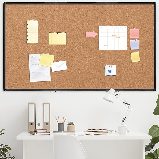Extra Large Cork Bulletin Board 96" X 48", Foldable Notice Pin Board for Wall, Black Aluminum Framed 8'x4' Corkboard, Wall Mounted Noticeboard with 36 Push Pins for School, Home & Office