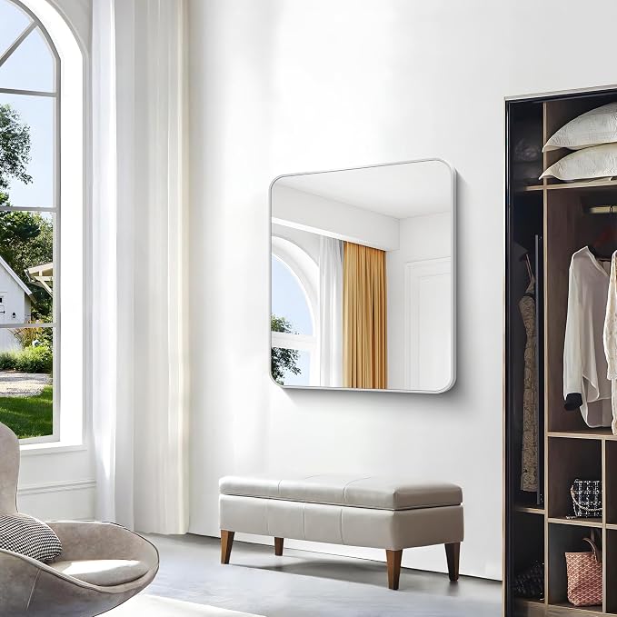 BONEWEI Silver Bathroom Mirror,30x36 inch Wall Mirror for Bathroom Wall Mounted,Rectangle Mirror for Bathroom Over Sink,Modern Frame Round Corner for Living Room,Bedroom Entryway,Horizontal/Vertical