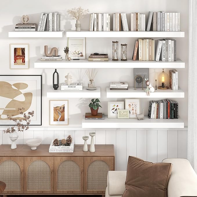 Venusmiles Floating Shelves for Wall, 36" W x 12" D x 2" H, 2 Pack of Long Wall Mounted Engineered Wood Shelves with Invisible Brackets for Living Room, Bedroom, Bathroom, Kitchen Decor, White