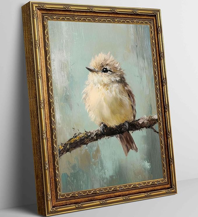 Large Gold Framed Bird Canvas Wall Art Vintage Bird Beige Sparrow painting Decor Pictures Sparrow on Branch Bedroom Living Posters Prints for Corridor Classroom Bedroom Kitchen Room Decoration