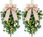 2 PCS 22" Artificial Green Eucalyptus Teardrop Swag for Front Door Greenery Swag Spring Summer Olive Kitchen Cabinet Wreath with White Berry for Farmhouse Home Porch Wall Window Festival Wedding Decor