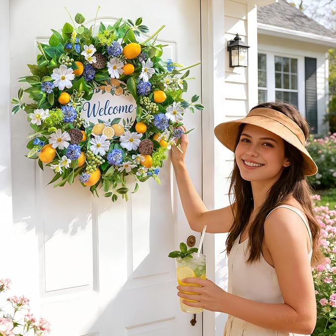 Spring Summer Wreaths for Front Door 24 Inch,Summer Wreath with Artificial Lemon,Daisy,Hydrangea & Lotus Pods,Door Wreath for Indoor Outdoor Farmhouse Home Decor