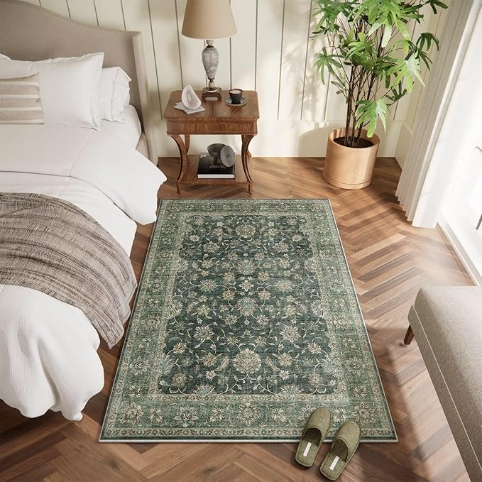 Washable 3x5 Entryway Rug, Boho Non-Slip Vintage Distress Small Rugs for Kitchen Nursery Office Bedroom, 0.3" Neutral Oriental Throw Thin Carpet with Cushioning Pad, Sage Green/Blue/Multi