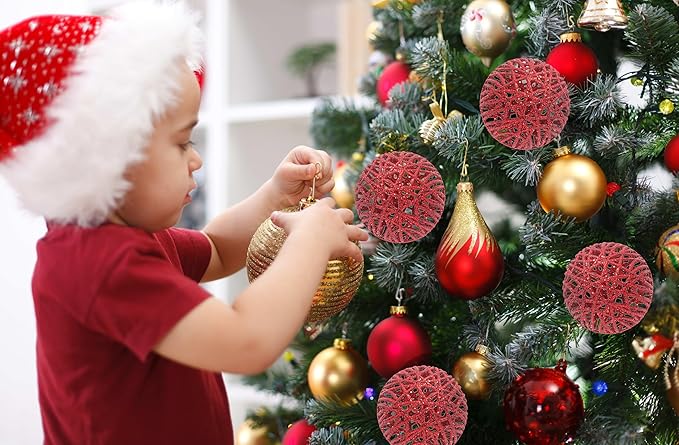 Christmas Traditions 4 inch Christmas Red Glittered Rattan Christmas Ball Ornaments Hanging Tree Decorations (Set of 6)(Christmas Red)