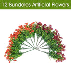 Artificial Faux Mums Flowers Plants for Outdoors Outside Fall Autumn Decoration,12 Bundles Realistic Fake Flowers Plant Greenery Silk Daisy UV Resistant Planters Porch Patio Garden（Orange Burgundy）