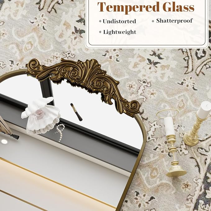 VooBang Vintage Arched Bathroom Mirror, 26x38 Inch Retro Wall Mounted Vanity Mirror with Carved Pattern Top and Metal Frame, Antique Decorative Mirror for Hanging or Leaning