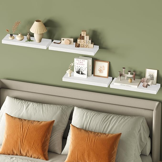 Fixwal White Shelves for Wall, 15.7in Rustic Wood Finish Floating Wall Shelves Set of 4, Shelves for Wall Decor, with Invisible Brackets for Bathroom, Living Room,Bedroom and Kitchen