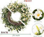 Sggvecsy White Daisy Wreath 24 Inch with Fake Silk Floral Green Eucalyptus Leaves and Lavender for Spring Summer Front Door Window Wall Wedding Farmhouse Festival Decor