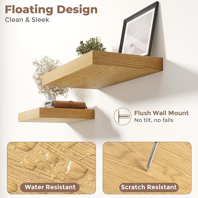 55 Inch Long Floating Shelves for Wall Set of 2, 12"D Wood Grain Bathroom Shelves with Invisible Brackets, Easy Install Engineered Wood Storage Shelves for Kitchen, Living Room, Bedroom, Oak Finish