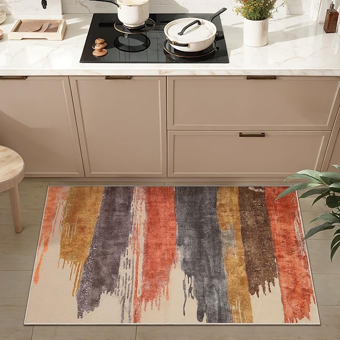 Ciicool Modern Abstract Area Rug 2x3 Washable Small Entryway Rug, Non-Slip Low Pile Throw Rugs, Foldable Kitchen Bathroom Rugs, Red Yellow Grey Floor Carpet for Entrance Bedroom Indoor Doormat