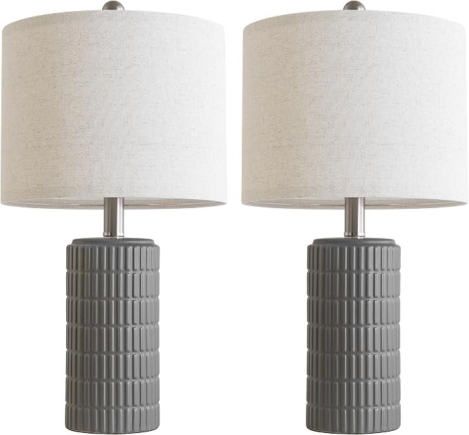 PoKat 20.75'' Ceramic Small Table Lamps for Bedroom, Modern Dark Gray Bedside Lamps Set of 2, Farmhouse Lamps for Living Room with Linen Lampshade for Night Stands Guest Room Side End Table Console