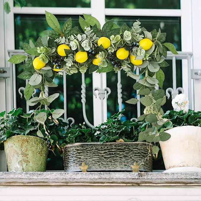 Firlar Artificial Flower Swag, 18 Inch Decorative Swag with Lemon Berry, Green Leaves Hanging Ornament Floral Swag Door Swag for Wedding Home Party Door Wall Decoration