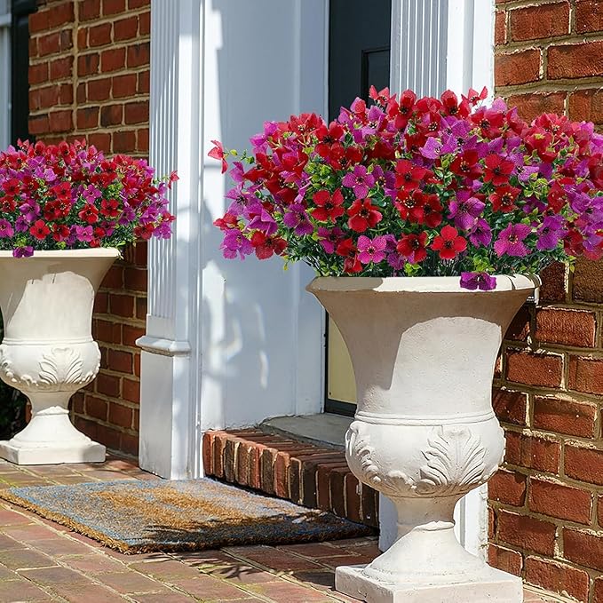 Artificial Faux Plants Flowers Outdoor Spring Summer Decoration, 12 Bundles Fake Silk Colorful Daisy Eucalyptus Realistic UV Resistant for Outside Home Planter Porch Patio Yard Decor (Red Purple)