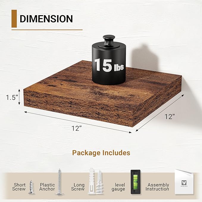 Vivelove 12x12 Floating Shelves for Wall, 12" Deep Shelves with Invisible Brackets, for Living Room Bedroom Bathroom, Farmhouse Rustic Shelves Home Decor, Set of 2, Rustic Brown